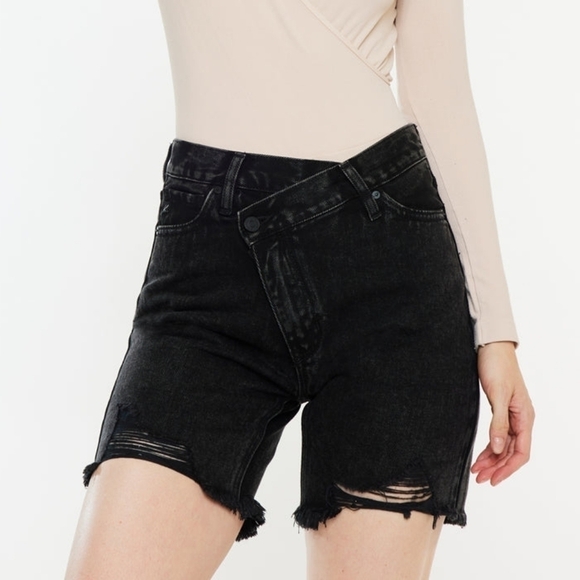 KanCan Black Denim Raw Hem Bermuda Front Cross Shorts - Picture 1 of 5